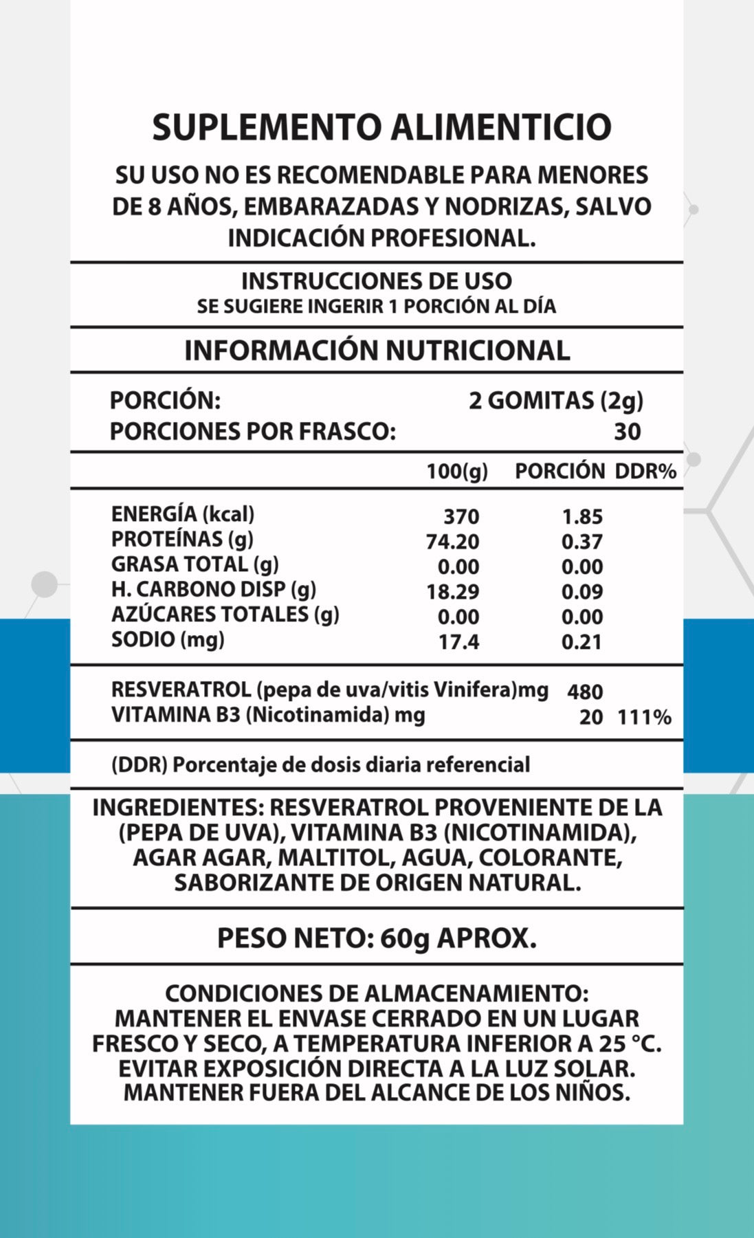 60 Gomitas NAD+Resveratrol Sabor Frutos Rojos 1000mg