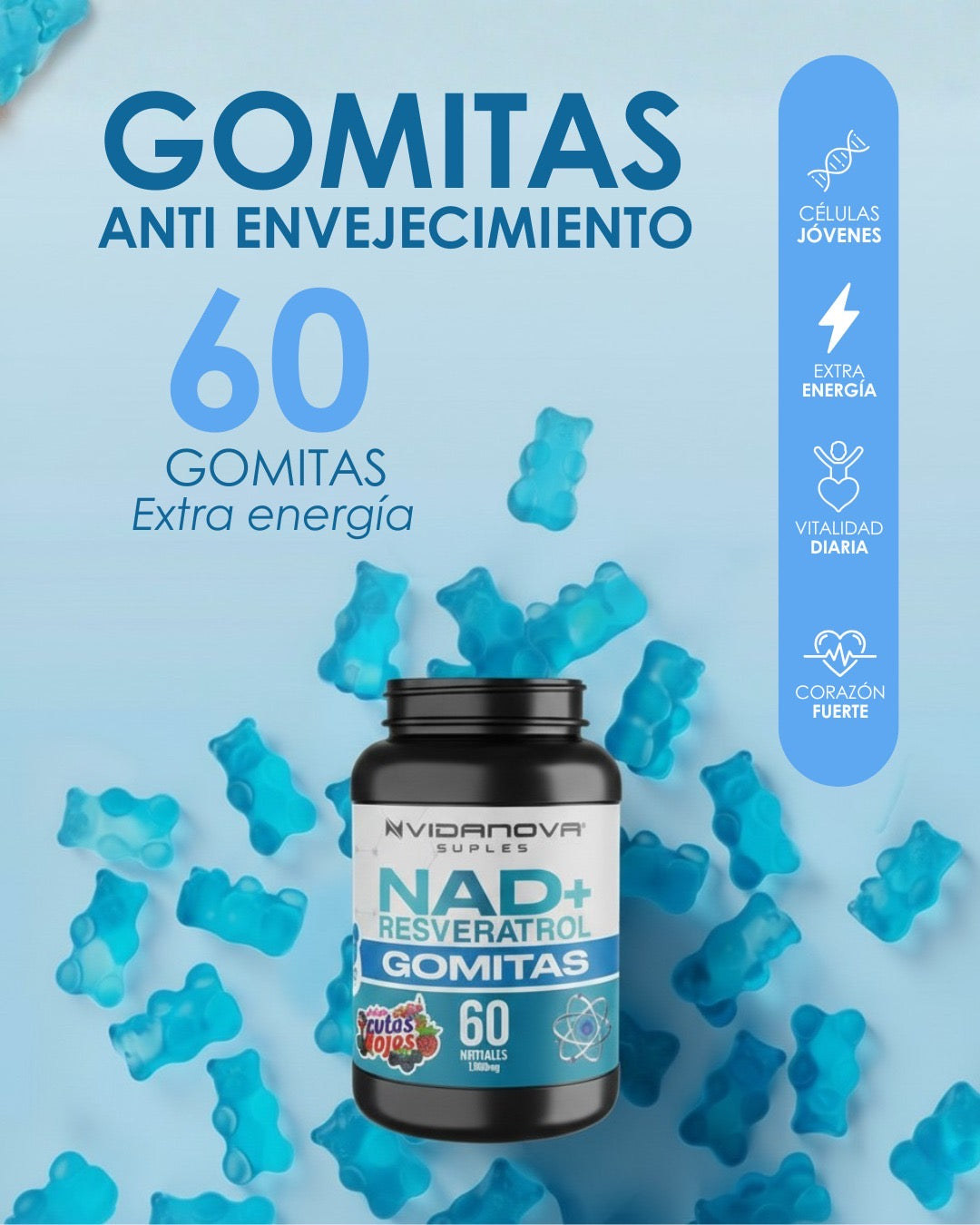 60 Gomitas NAD+Resveratrol Sabor Frutos Rojos 1000mg