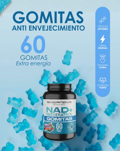 60 Gomitas NAD+Resveratrol Sabor Frutos Rojos 1000mg